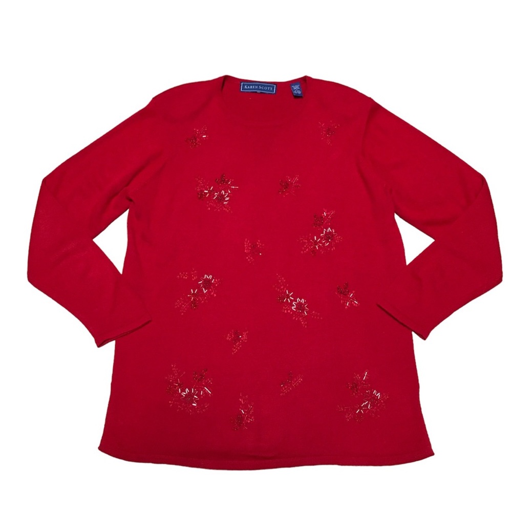 Vintage Karen Scott Sweater Womens L Red Beaded Embroidered Crewneck Long Sleeve
